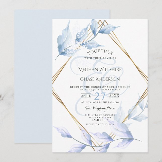 Invitación Elegante Lilac mutado y filo azul turbio (Anverso / Reverso)