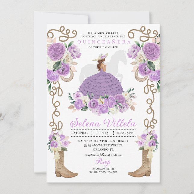 Invitación Elegante Lilac Occidental Charro Princesa Quinceañ (Anverso)
