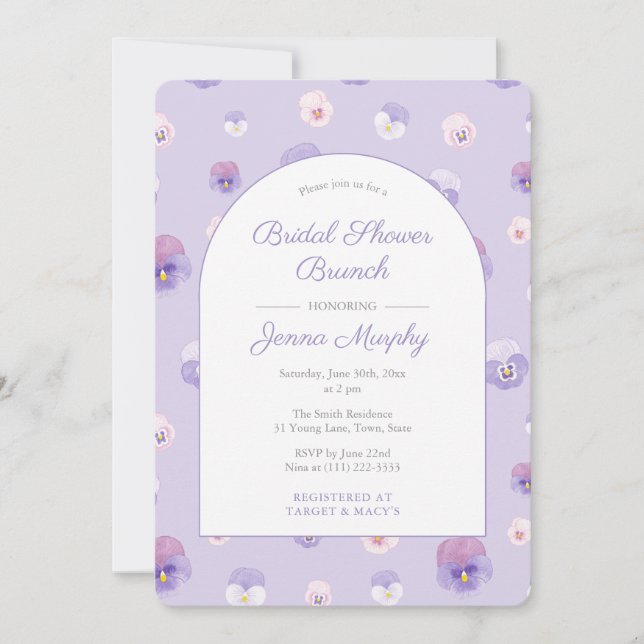 Invitación Elegante Lilac Pansies Bridal Shower Brunch Fiesta (Anverso)