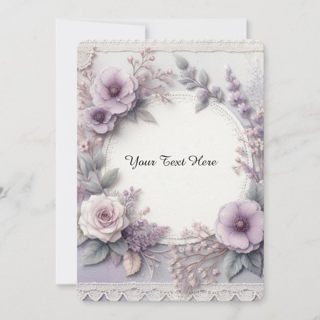 Invitación Elegante Lilac Pastel Floral y encaje francés (Anverso)