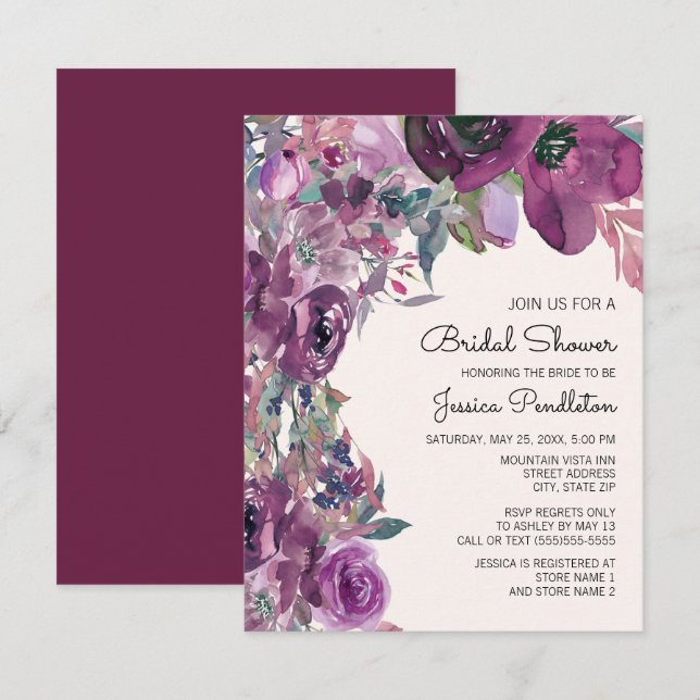 Invitación Elegante Lilac Plum Purple Floral Bridal Ducha (Anverso / Reverso)