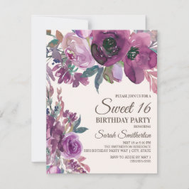 Invitación Elegante Lilac Plum Purple Floral Script Dulce 16