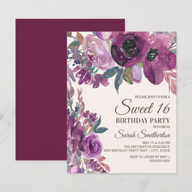 Invitación Elegante Lilac Plum Purple Floral Script Dulce 16 (Anverso / Reverso)