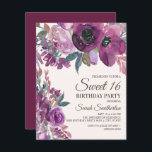 Invitación Elegante Lilac Plum Purple Floral Script Dulce 16<br><div class="desc">Hermosa y elegante lila y púrpura acuarela floral floral dulce invitación de fiesta de 16 años con un fondo crema/blanco.</div>
