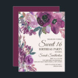Invitación Elegante Lilac Plum Purple Floral Script Dulce 16<br><div class="desc">Hermosa y elegante lila y púrpura acuarela floral floral dulce invitación de fiesta de 16 años con un fondo crema/blanco.</div>
