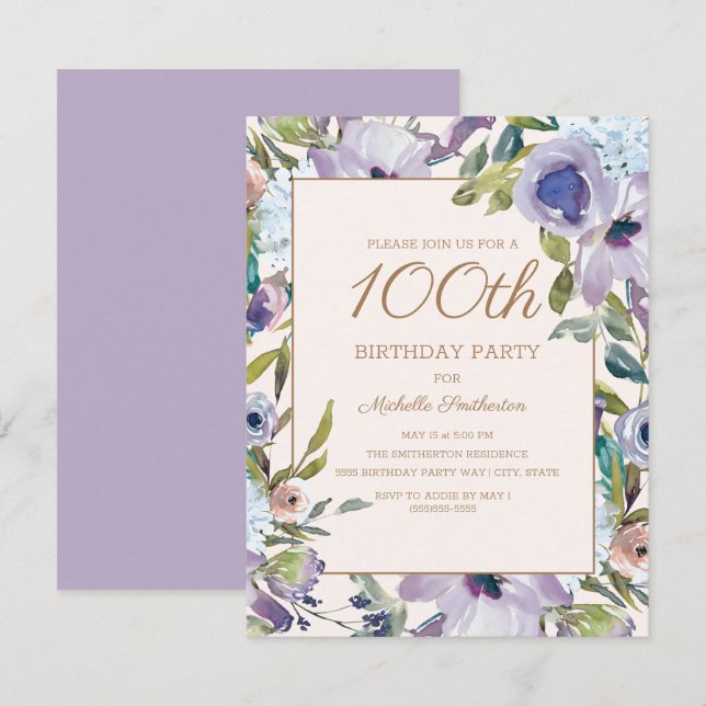 Invitación Elegante Lilac Purple Floral 100 cumpleaños (Anverso / Reverso)