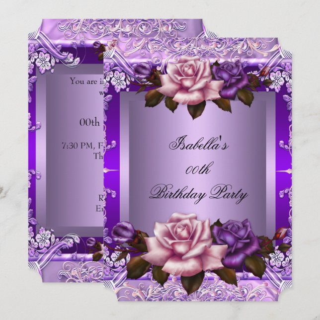 Invitación Elegante Lilac Púrpura Rosa Partido de Cumpleaños  (Anverso / Reverso)