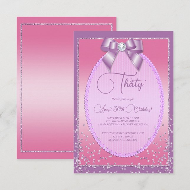 Invitación Elegante Lilac y Jewel Rosa Bow & Confetti Cumplea (Anverso / Reverso)