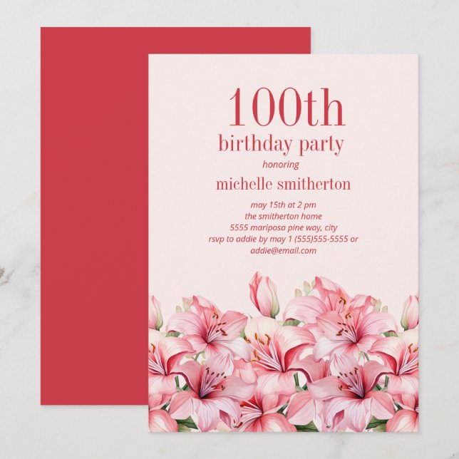 Invitación Elegante Lilies Rosa 100 cumpleaños (Anverso / Reverso)