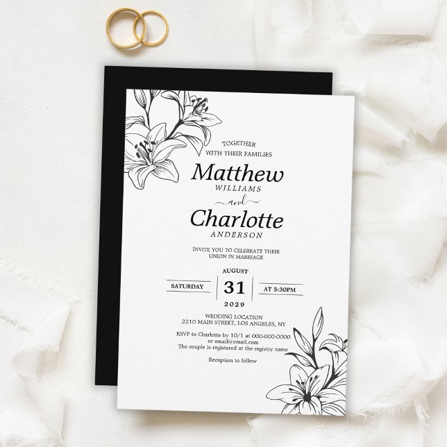 Invitación Elegante Lily Flor Boda Blanco y Negro (Elegant Lily Flower Black and White Wedding Invitation
)
