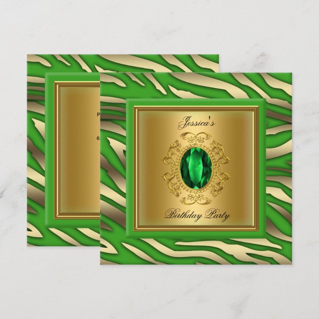 Invitación Elegante Lime Green Gold Cebra Fiesta de Cumpleaño (Anverso / Reverso)