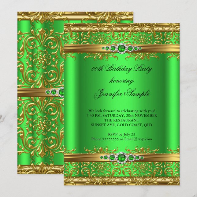 Invitación Elegante Lime Green Gold Damask Diamond Birday (Anverso / Reverso)