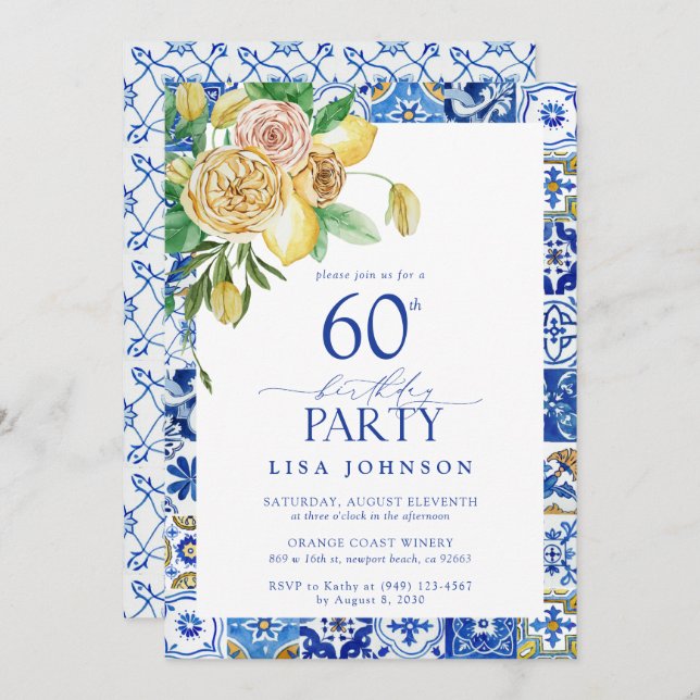 Invitación Elegante limón de partido mediterráneo 60 cumpleañ (Anverso / Reverso)