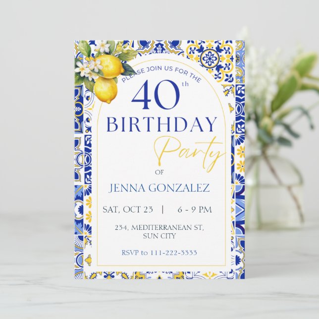 Invitación Elegante limón mediterráneo 40 cumpleaños (Anverso de pie)