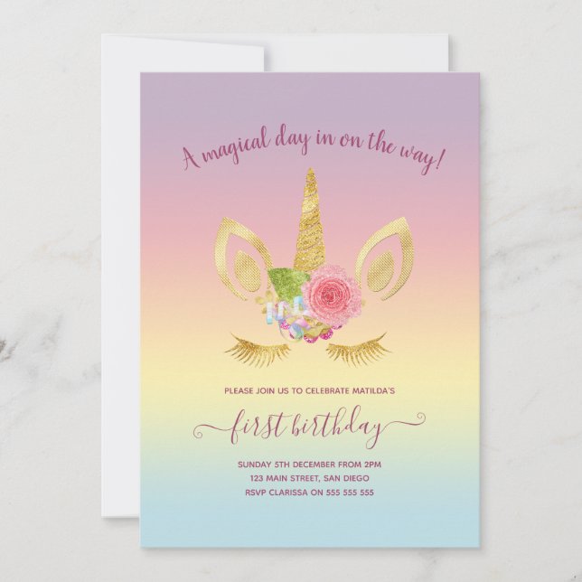 Invitación Elegante lindo purpurina de oro de primer cumpleañ (Anverso)