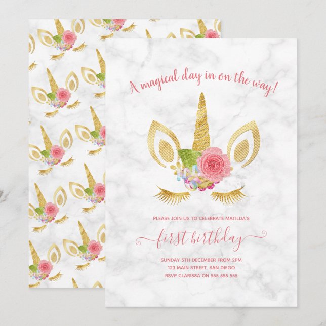 Invitación Elegante lindo purpurina de oro de primer cumpleañ (Anverso / Reverso)