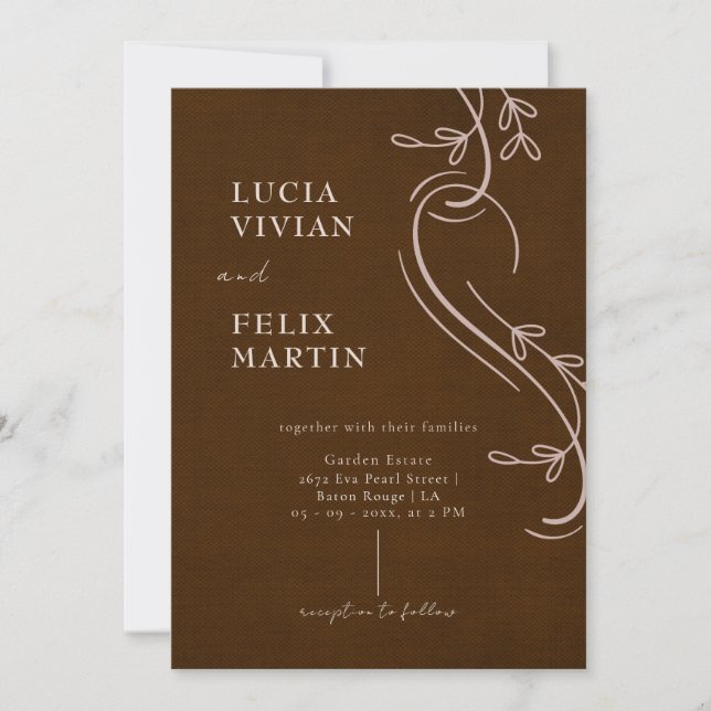 Invitación Elegante línea floral Linen Espresso Brown Boda (Anverso)