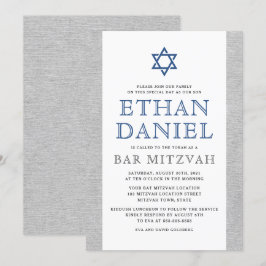 Invitación Elegante lino gris azul Estrella de David bar mitz