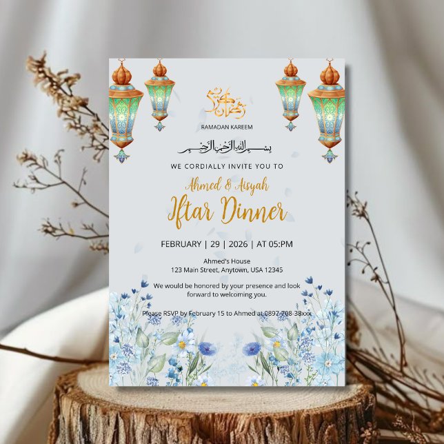 Invitación Elegante Linterna Azul Floral Ramadan Iftar (Subido por el creador)