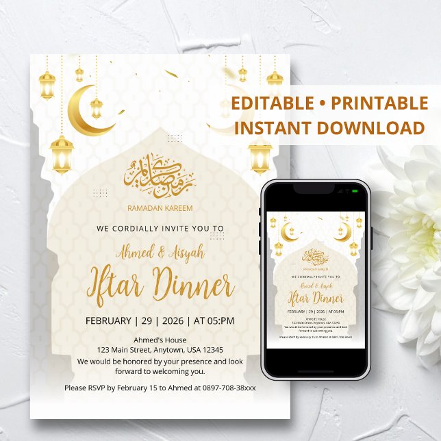 Invitación Elegante Linterna Dorada y Media Luna Iftar (Subido por el creador)