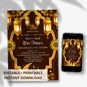 Invitación Elegante Linterna Dorada y Media Luna Iftar de Ram