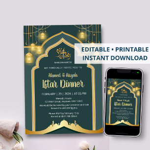 Invitación Elegante Linterna Ramadán Iftar de Azul Turquesa y