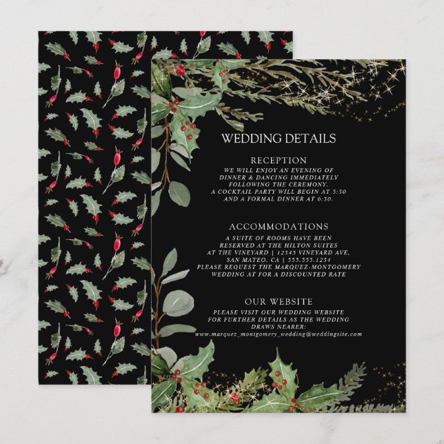 Invitación Elegante Linterna Winter Black Red Holly Detalles (Anverso / Reverso)