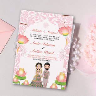 Invitación Elegante Linternas de Lotus Rosadas Mehndi Sangeet