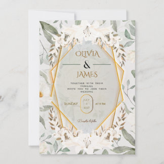 Invitación Elegante Lirio Blanco Floral Geométrico Boda de Or