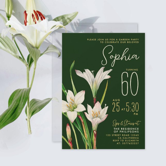 Invitación Elegante Lirio Blanco Verde 60º Botánico Floral (Subido por el creador)