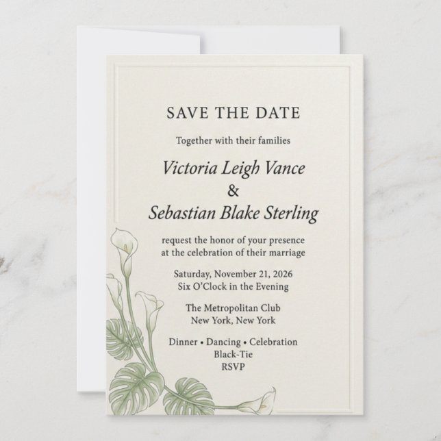 Invitación Elegante Lirio de Calla y Tropical Save  (Anverso)