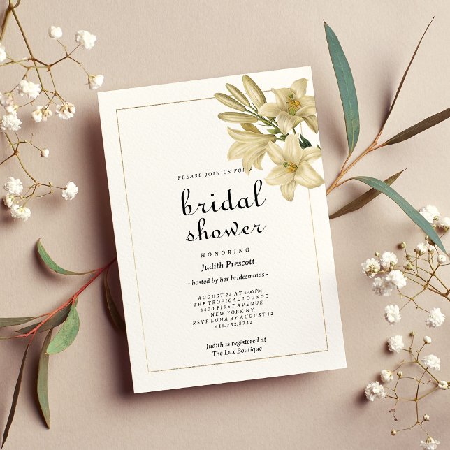 Invitación Elegante lirio floral de oro blanco boho Bridal Sh (Elegant boho white gold floral lily Bridal Shower)