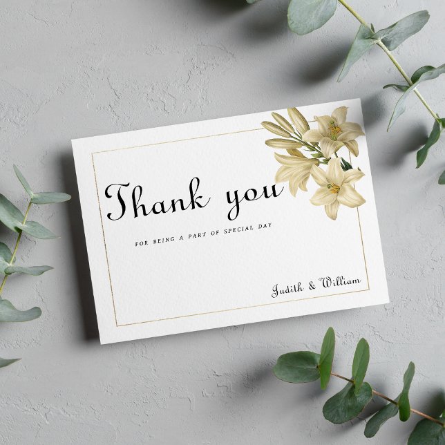 Invitación Elegante lirio floral de oro blanco boho Gracias (Elegant boho white gold floral lily Thank You)