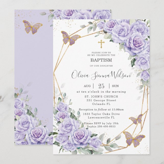 Invitación Elegante Lirio Morado Floral Bautizo (Anverso / Reverso)