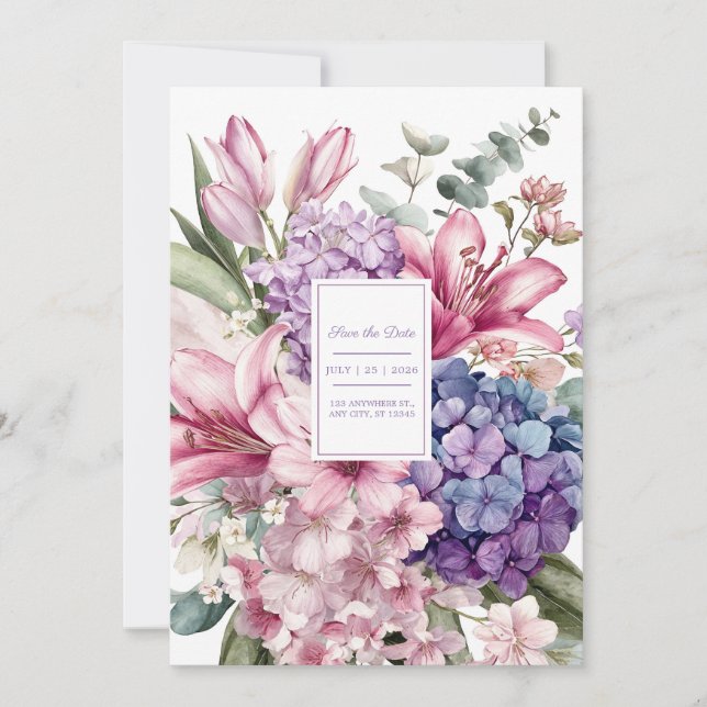 Invitación Elegante Lirio Rosa Hortensia Azul Acuarela Floral (Anverso)