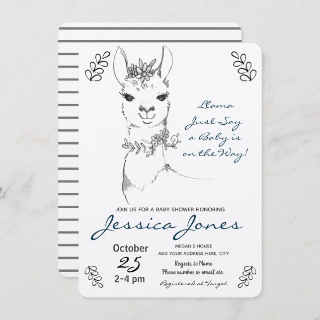 Invitación Elegante Llama Chica Baby Shower Rustic (Anverso / Reverso)