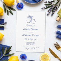 Elegante lluvia de boda azul de aciano y limón