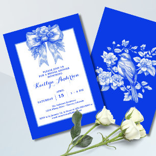 Invitación Elegante lluvia de boda azul y blanca de chinoiser