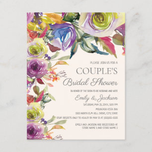 Invitación Elegante lluvia de boda de pareja floral púrpura d