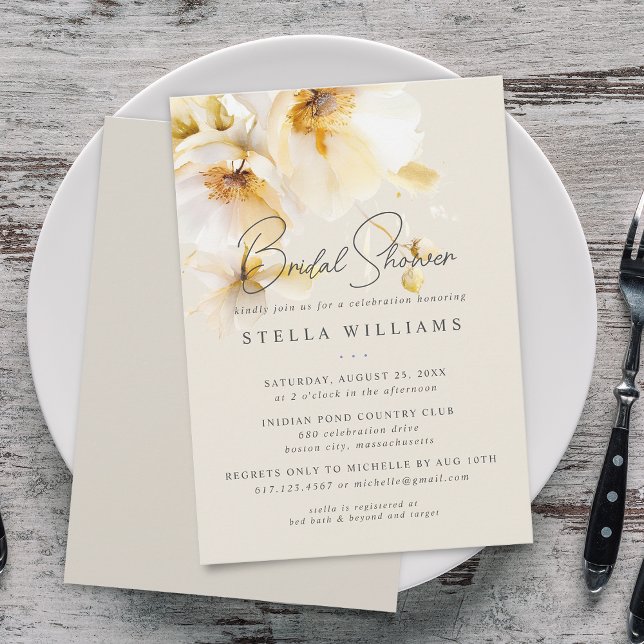 Invitación Elegante lluvia de boda en blanco y oro amarillo (Elegant White Yellow Gold Flower Bridal Shower Invitation)