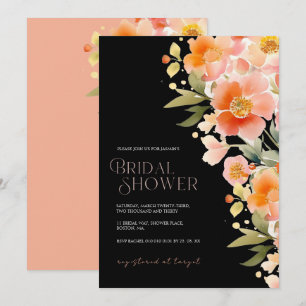 Invitación Elegante lluvia de boda floral de coral negro