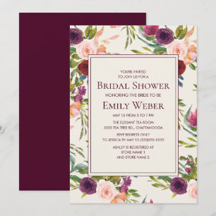 Invitación Elegante lluvia de boda floral rosa de Borgoña