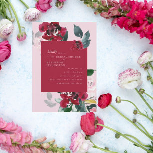 Invitación Elegante lluvia de boda floral rosa y roja
