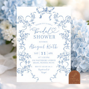 Invitación Elegante lluvia de flores azules francesas Toile D