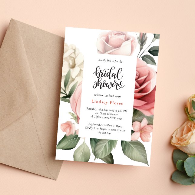 Invitación Elegante Lluvia de Flores de Rosas para Despedida  (Elegant floral rose greenery invitation creates a fresh, romantic bridal shower tone)