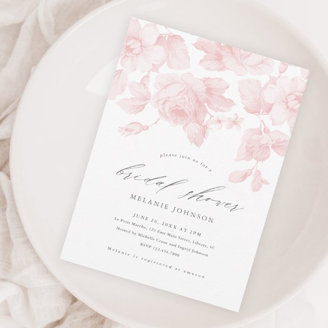 Invitación Elegante lluvia de flores rosa para despedida de s (Elegant pink floral rose bridal shower invitation.)