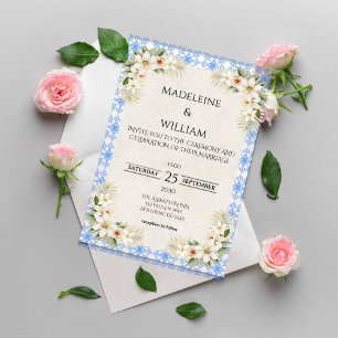 Invitación Elegante Lluvia de Novia Floral Azul Talavera
