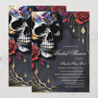 Invitación Elegante lluvia de novia gótica con cráneo y rosas
