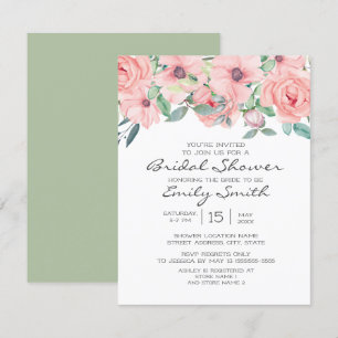 Invitación Elegante lluvia rosa salvia verde floral ducha de