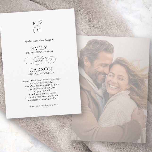 Invitación Elegante Logo del Monograma de la Boda Foto Modern (Elegant Wedding Monogram Logo Modern Faded Photo Invitation)